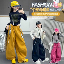 女童潮酷套装2025春秋新款韩系连帽衫长袖上衣棉布阔腿裤两件套潮