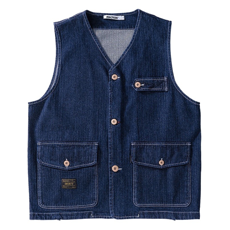 レトロなデニムの馬甲の純粋なアメリカ式の水洗いの戦術のベストはカチカチと重いポンドに来て図を決めます。