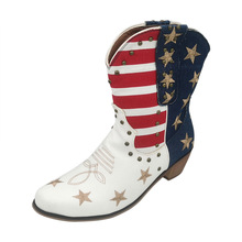 【2025秋冬】外贸刺绣西部牛仔靴美国五星条旗女靴铆钉小方头女鞋