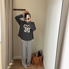 2025.秋季新款豹纹蕾丝蝴蝶结长袖长裤家居服可外穿睡衣套装女
