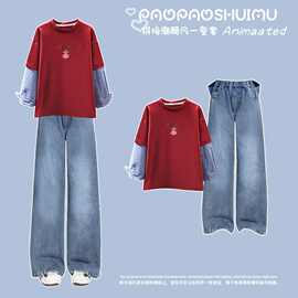 2025年款衣服儿童服装童装女童洋气韩系长袖上衣休闲牛仔裤套装潮