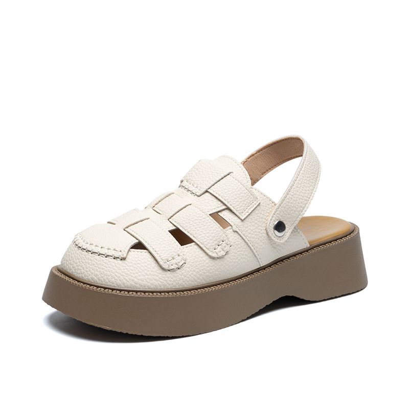 Sandal bít mũi đế dày phong cách La Mã nữ, quai chữ V — AB16N be đen