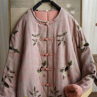 冬季新款 复古印花斜纹棉圆领撞色盘扣 袖口 国风棉服外套 498013