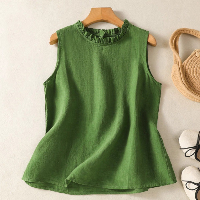 Vintage-Style Solid Color Simple Sleeveless Top, New Summer Vest with Ruffled Neckline, Cotton and Linen Vest