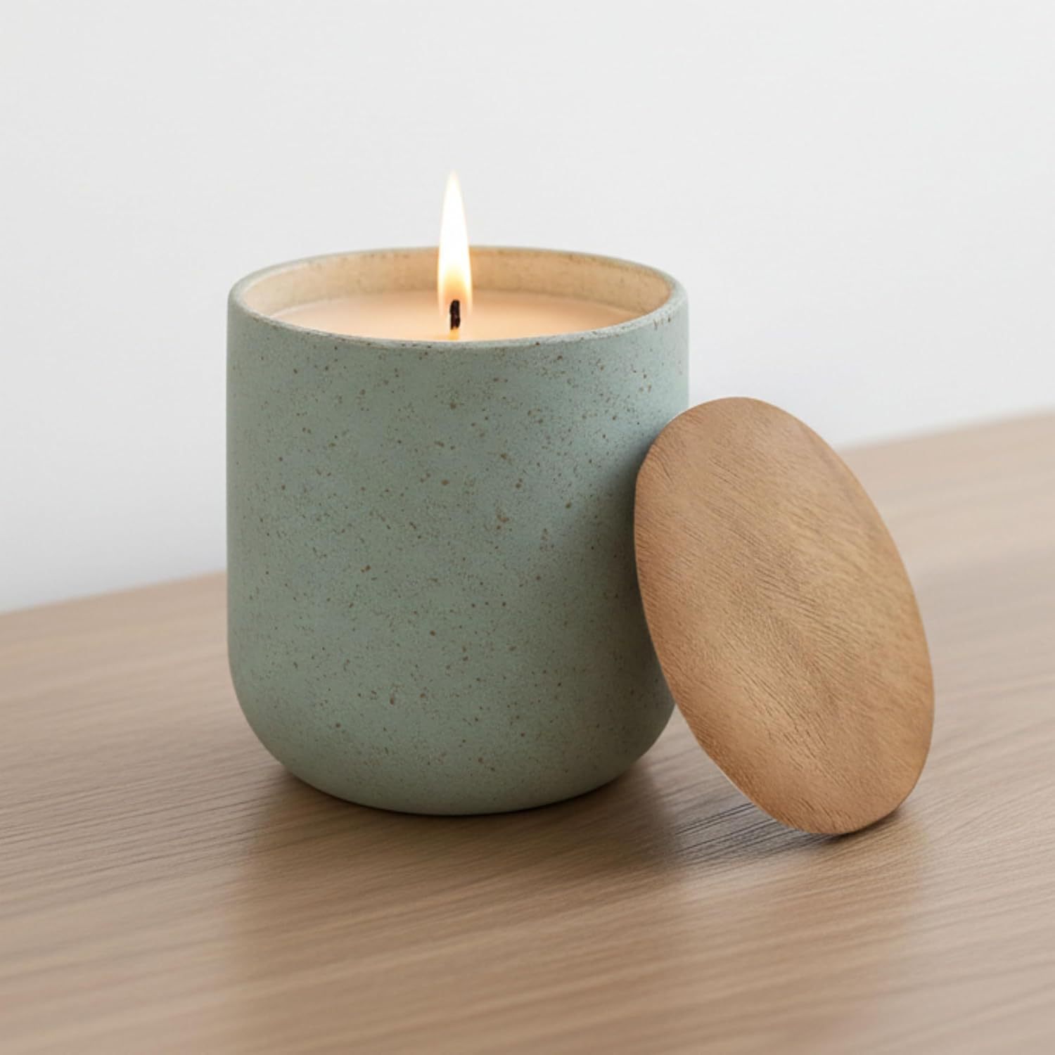 莫兰迪绿水泥香薰蜡烛杯 带木盖 家用氛围感大豆蜡容器