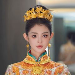花嫁秀禾の頭飾り金色中国式鳳冠髪冠龍鳳金色クラウン秀禾服中国式花嫁の頭飾り