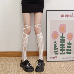 ins pure lust style hollow hole strap lace fishnet stockings calf socks black and white mid-calf socks over-the-knee high socks Jk