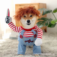 ペットの道化師の短剣が変身してハロウィンにナイフを持って犬の服を着ます。