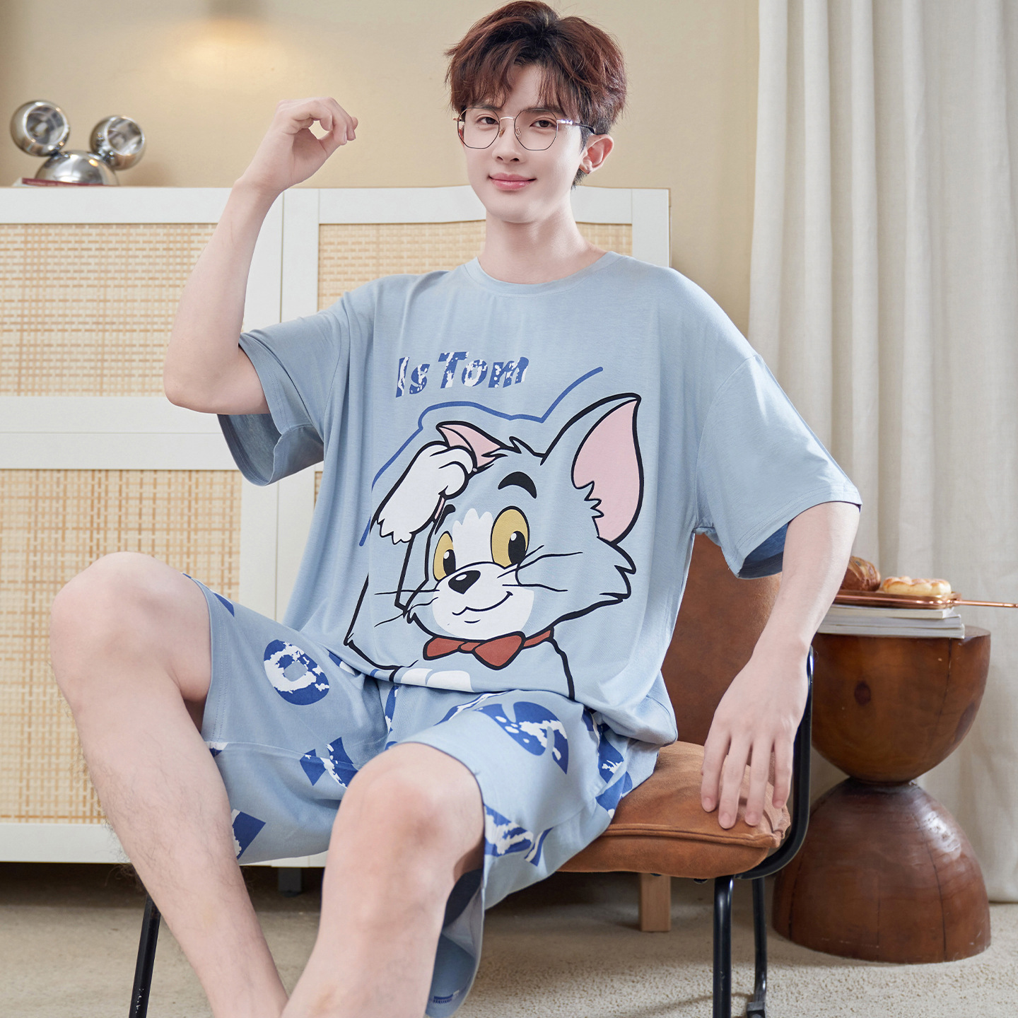 Men's Summer Pajamas, Cat and Mouse Short-Sleeved Modal 2026 New Style Youth Home Wear Plus Size Set 4
