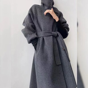 New Korean style stand collar and side buckle design loose double-sided cashmere coat for women's fashionable high-end wool jacket