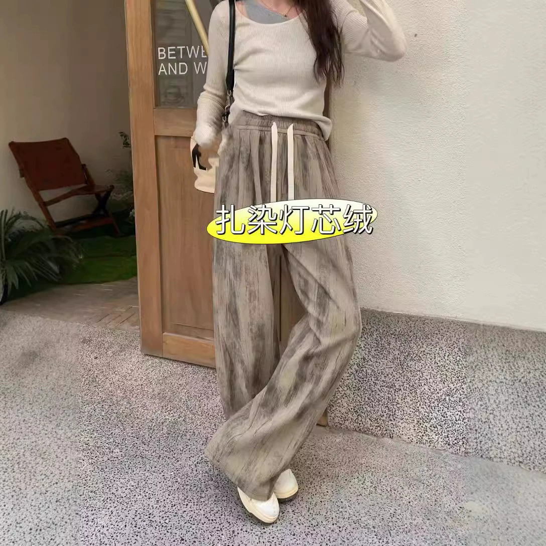 Вельветовые брюки с принтом тай-дай, повседневные драпированные широкие брюки, весна-лето 2021, модные грязные брюки, универсальные брюки длиной до пола с прямыми штанинами