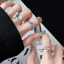 小清新蝴蝶精致开口戒指珐琅海蓝色镶珍珠小众设计个性缠绕指环女