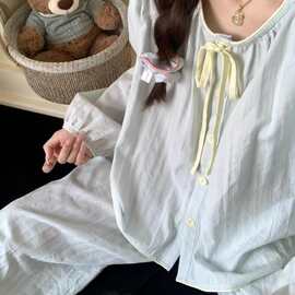 大码甜美蓝色长袖纯棉睡衣家居女2026夏季新款家居服可外穿套
