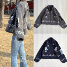 韩国设计师小众杨超越同款保暖滑雪提花摇粒绒加厚羊羔毛外套宽松