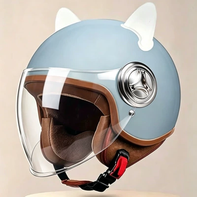 autumn and winter, retro motorcycle anti-cold – Motosiklet kaskı (dəbilqə) - 801blue-transparent-long-mirror-white-ears