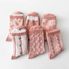 Pink Socks for Women - New Autumn/Winter Design - Sweet and Fashionable, Japanese Style, Cute, Solid Color, Relief, 3D Small Flowers, Mid-Calf Socks