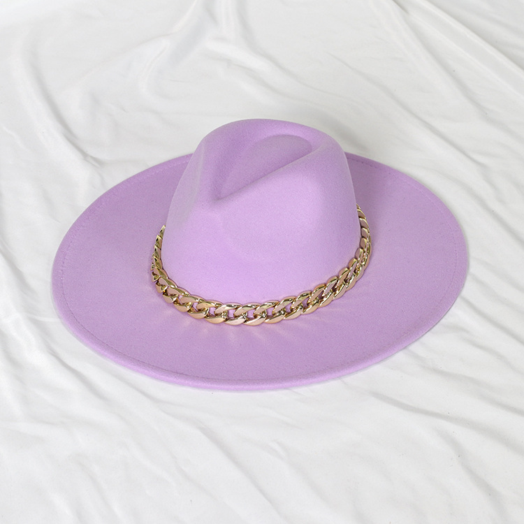Sombrero de jazz con cadena dorada, sombrero francés vintage de ala ancha en forma de corazón para mujer, sombrero de fieltro oversize.