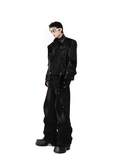 2024 Original Niche Crocodile Shoulder Pad PU Leather Jacket Stitching Design Sense Jacket Senior Top Men