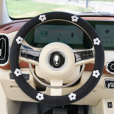 Blue Rain Cotton and Linen Car Steering Wheel Cover, Simple Embroidered Car Handle Cover, Non-Slip, Universal for All Seasons, Steering Wheel Protective Cover (Steering wheel cover) - cotton-and-linen-embroidered-flower-steering-wheel-cover-black-38cm