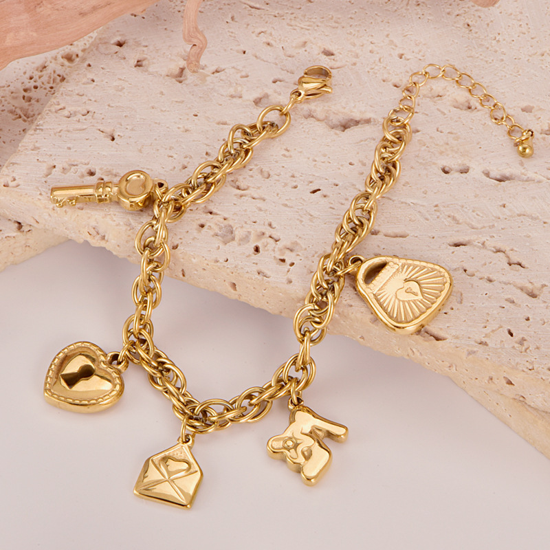 Cross-Border Neutral Style Peach Heart Key Small Lock Accessories Versatile Thick Bracelet Bag High Heels Bracelet Girls Gift Cross-Border Neutral Style Peach Heart Key Small Lock Accessories Versatile Thick Bracelet Bag High Heels Bracelet Girls Gift