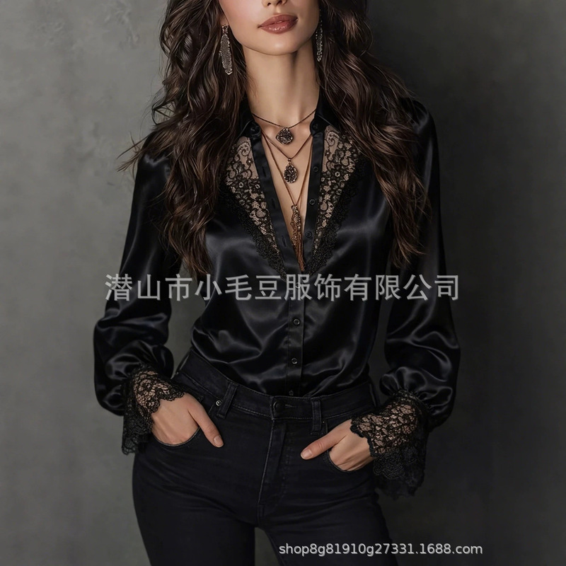 European and American Cross-Border Amazon Spring and Autumn Design-Inspired Niche Lace V-Neck Puff Sleeve Top Chiffon Patchwork Shirt for Women European and American Cross-Border Amazon Spring and Autumn Design-Inspired Niche Lace V-Neck Puff Sleeve Top Chiffon Patchwork Shirt for Women