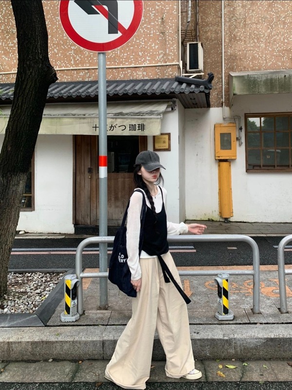 韩系撞色拼接吊带长袖t恤女早秋季设计感小众绑带收腰上衣两件套|undefined