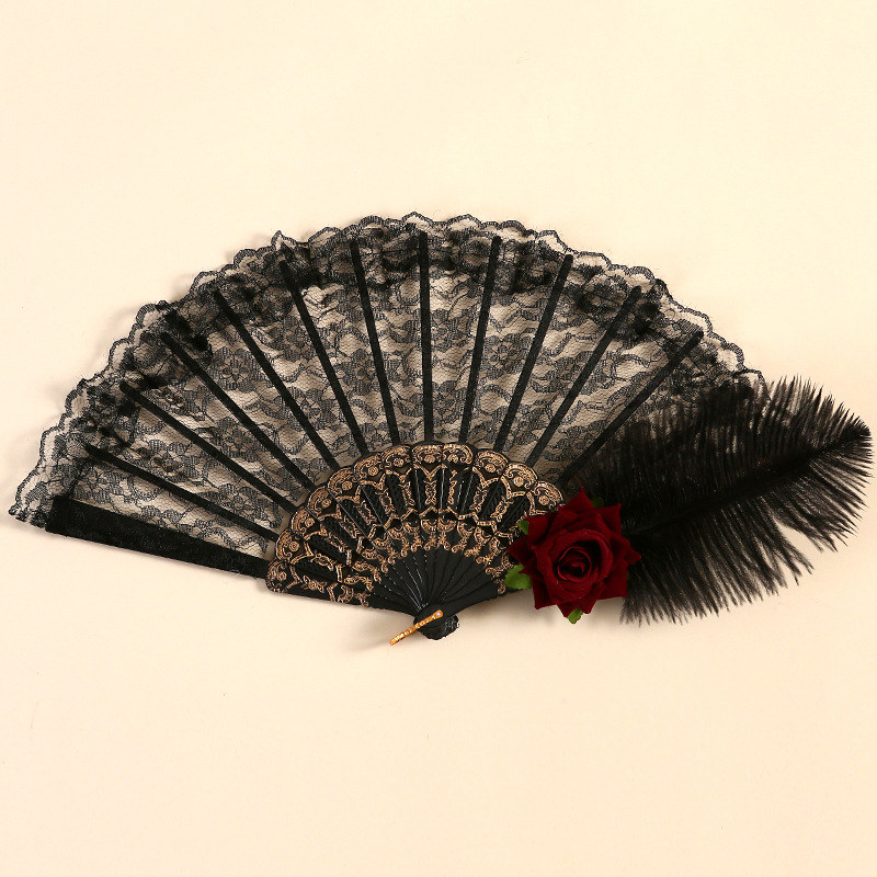 Ventilador de encaje de estilo de palacio retro magnífico abanico plegable de rosa europea retro fiesta de té oscuro espectáculo de manga accesorios para fotos