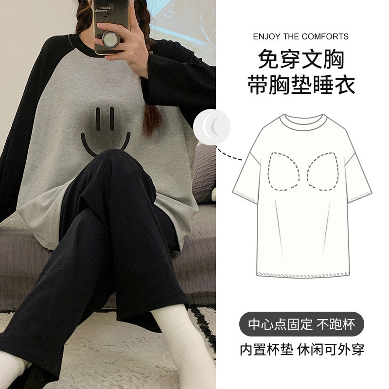 Cross-border Hot Selling Women's Pajamas Chest Pad Plus Size Spring and Autumn Amazon Home Clothes Southeast Asia suit Large Discount