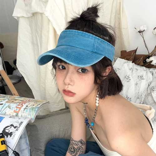 Outdoor Sunshade Blue Tennis Hat Running Bucket Hat for Women Sports Washed Vintage Summer No Brim High Ponytail Hat