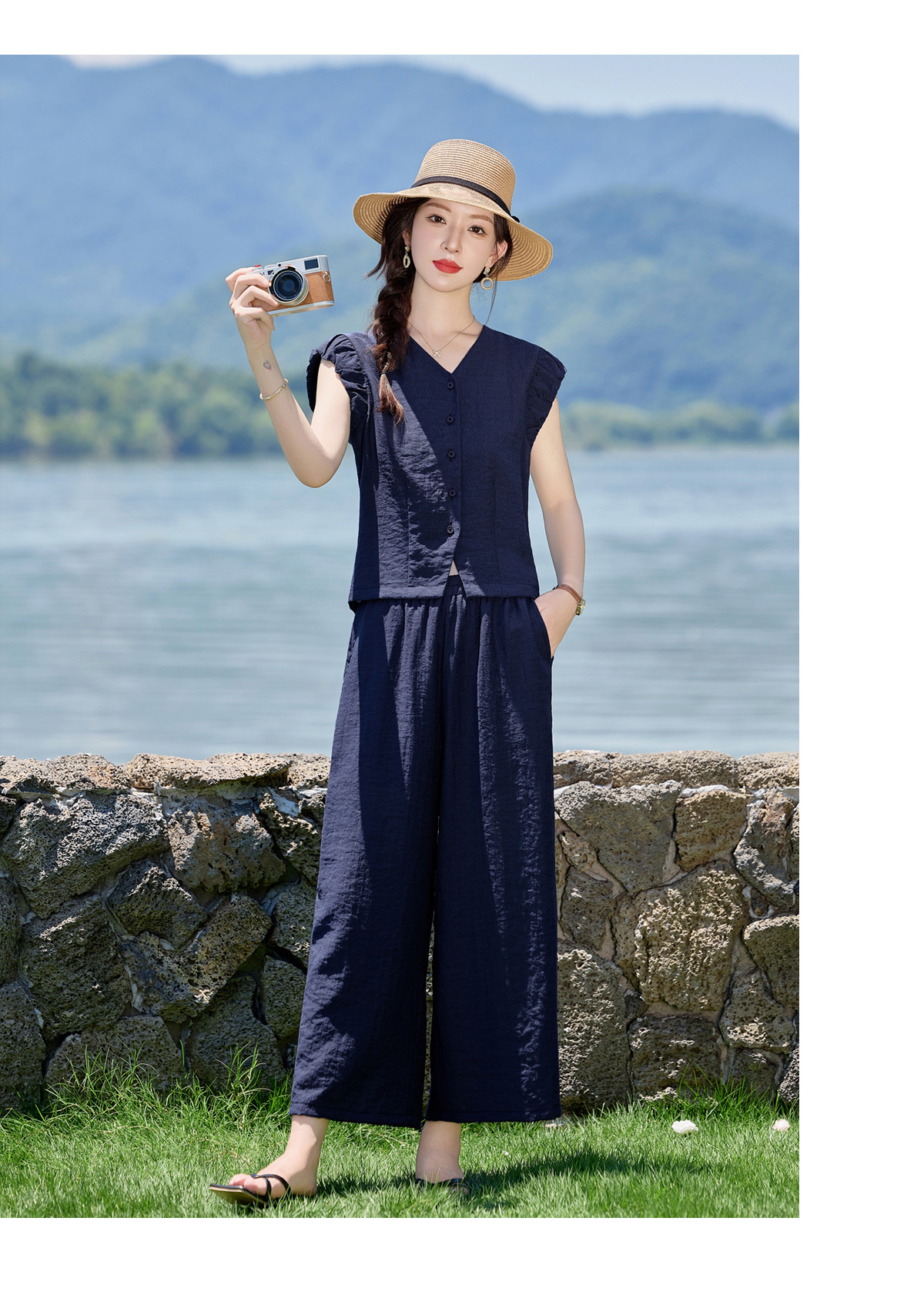 Bộ vest nữ hè 2025 áo sơ mi cổ V ôm quần ống thẳng hai mảnh LB2869 — màu xanh hải quân, Màu trắng nhạt chi tiết 26