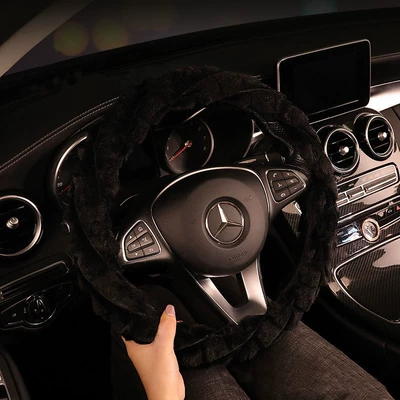 Steering wheel cover – Female Car Interior Supplies - plush-style-round-pure-black-38cm