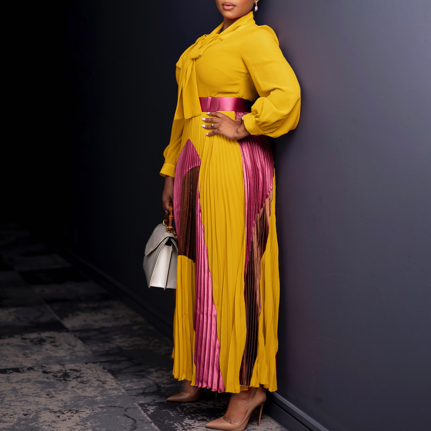 Sheath Dress Dresses Type Wholesale Women's Elegant Belt Color Block Cocktail Party Shirt Collar Long Sleeve Sheath Dress