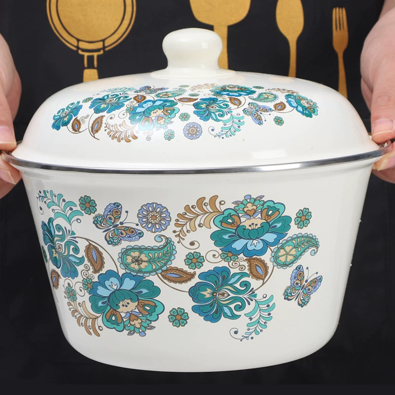 Суповая миска с крышкой, эмалированная кастрюля в ретро-стиле, традиционная миска для овощей и супа, старинная эмалированная кастрюля
