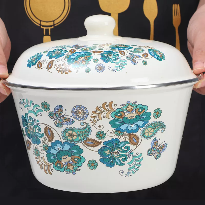 Суповая миска с крышкой, эмалированная кастрюля в ретро-стиле, традиционная миска для овощей и супа, старинная эмалированная кастрюля