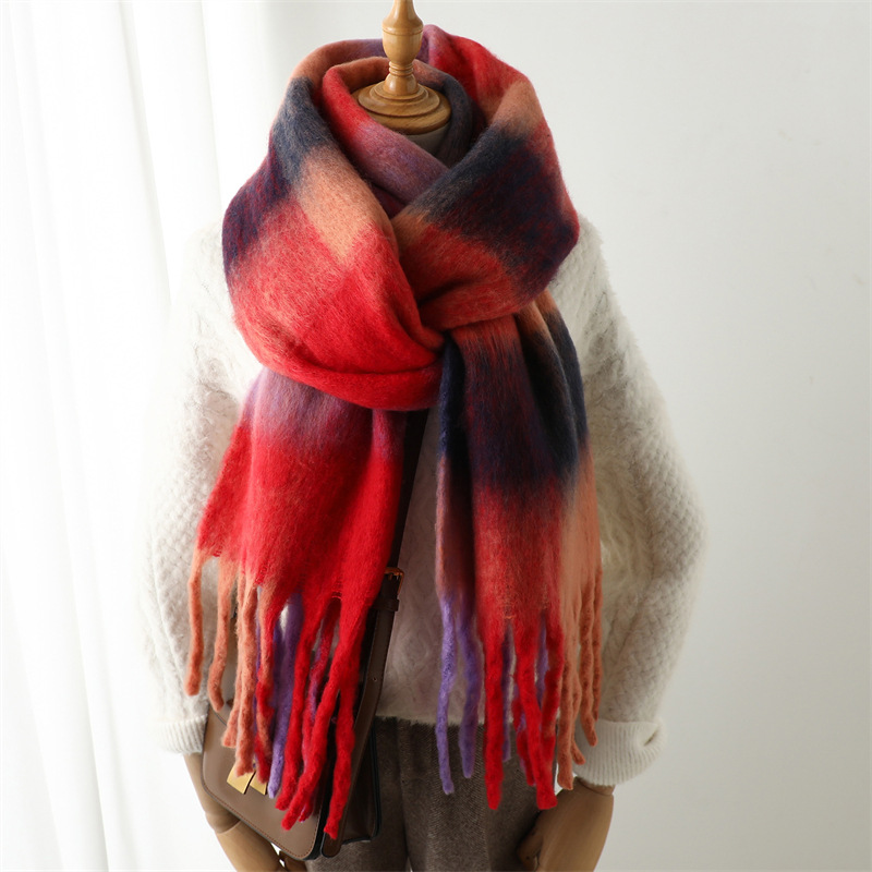 Sciarpa da donna alla moda invernale imitazione cashmere filato ad anello addensato calore scialle arcobaleno pannello scozzese nappe_voghion.com