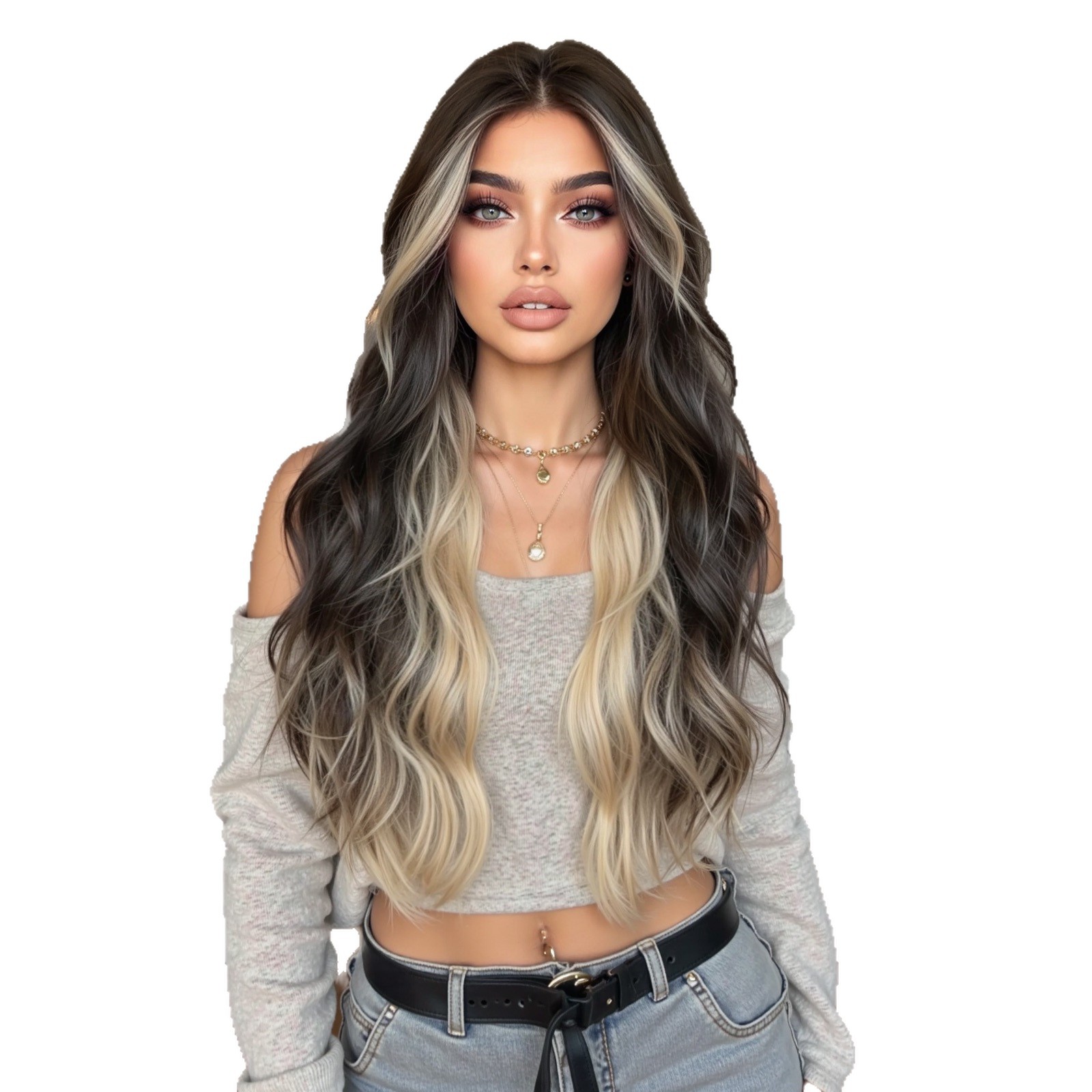 Peruca marrón oscuro teñido teñido claro oro largo rizos de cabello completo cubierta de cabeza femenina simulación cuero cabelludo wig seda de alta temperatura