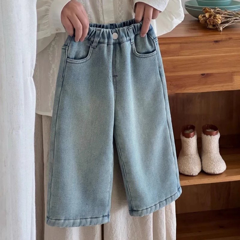 童装女童秋冬加绒加厚牛仔裤儿童一体绒直筒阔腿裤宝宝裤子中小童|undefined