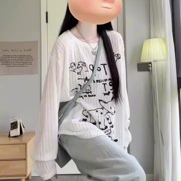 小狗印花薄款防晒罩衫长袖白色T恤女春秋打底内搭小狗正肩上衣潮