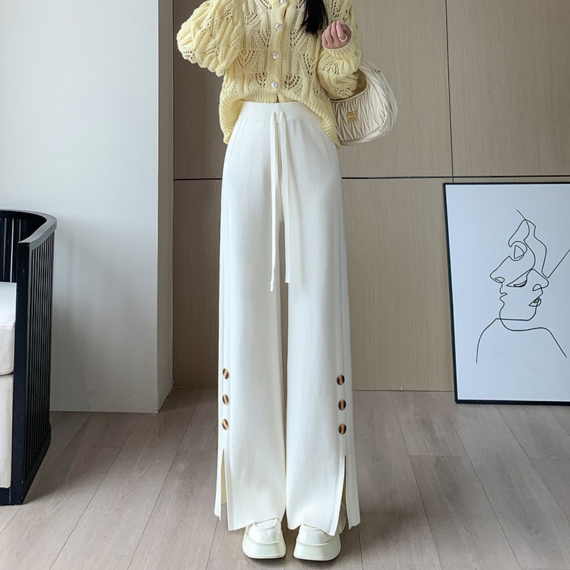 Designed Button Slit Knitted Wide-Leg Pants for Women in Autumn and Winter High-Waisted Soft Waxy Boot-Cut Pants Casual Straight Floor-Length Pants