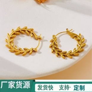 European and American Wheat Golden Titanium Steel Earrings, Non-Fading Earrings, Versatile and Simple Women's European and American Fashion Earrings, Elegant Earrings