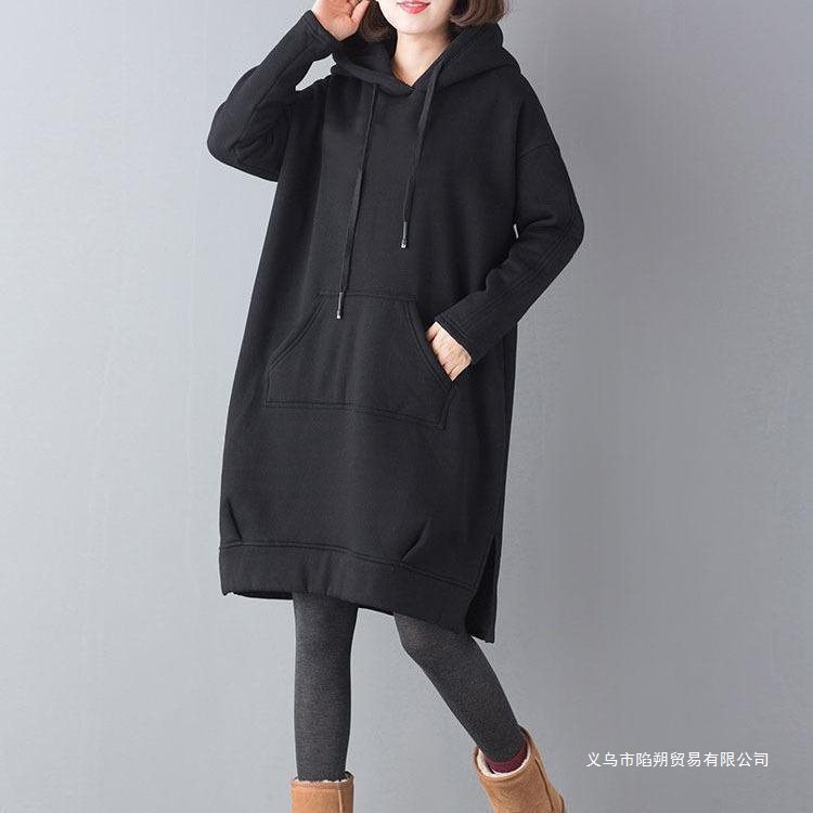 秋冬装300斤大码胖中长款加绒加厚宽松卫衣连帽开叉外套女潮