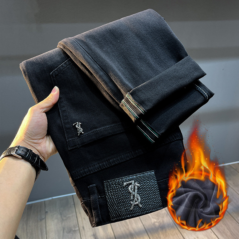 Demi-season black insulated elastic warm jeans