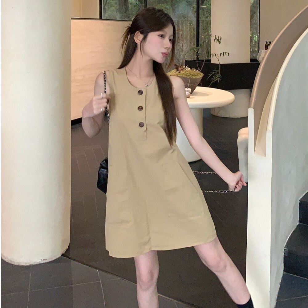 Retro Sleeveless Vest Dress for Women, Summer Khaki Round Neck Dress, Loose Fit, Slimming A-Line Short Dress for Petite Figures