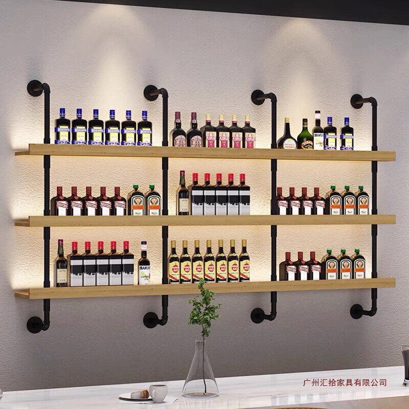 墙上酒架餐厅酒吧烧烤店吧台壁挂式靠墙铁艺多层实木置物架子批发|undefined