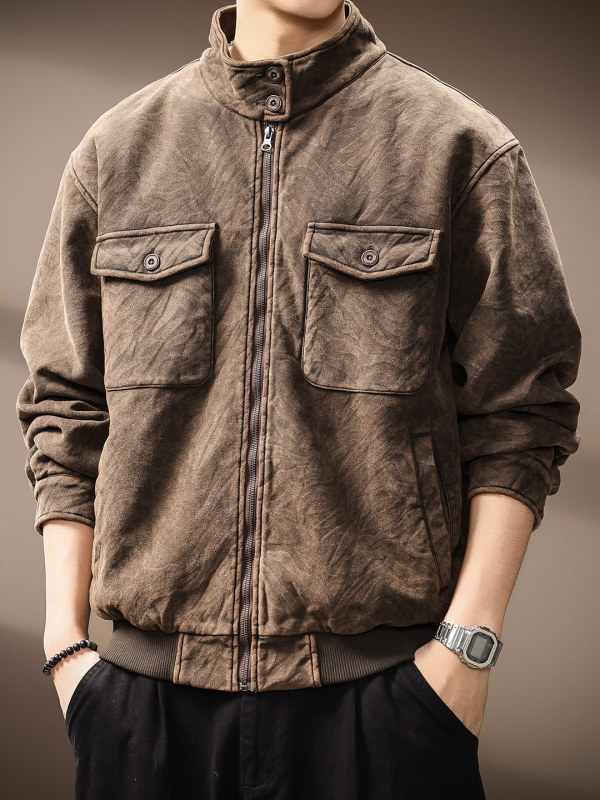 High-End Zebra Print Workwear Stand-Collar Jacket for Men, New Spring Style, American Retro, Cool and Stylish, Washed and Waxed Leather Coat