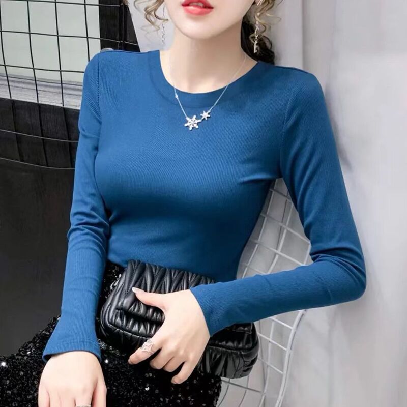 European thread solid color long-sleeved T-shirt bottoming shirt women's autumn versatile slim slimming soft modal cotton sweater