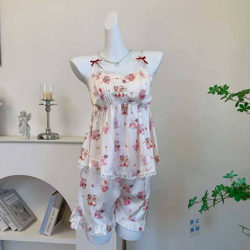 【Passionate Doll】Cartoon Suspender Shorts Pajamas for Women, Summer Cute Age-Reducing Ice Silk Loungewear, Thin Silk