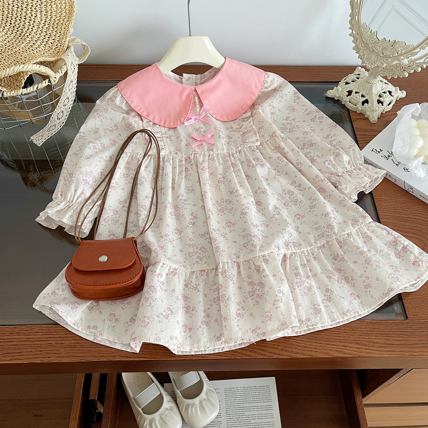 2025 New Autum Korean Style Girls Lapel Long-Sleeved Dress Baby Floral Small Fresh Children's Dress 24022