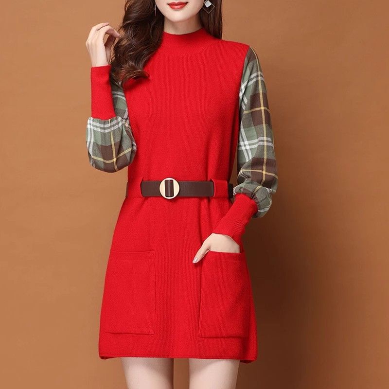 Autumn and Winter Plaid Shirt Vest Dress Fake Two-Piece New Mid-Length Sweater Knitted Base Shirt Fashionable and Versatile