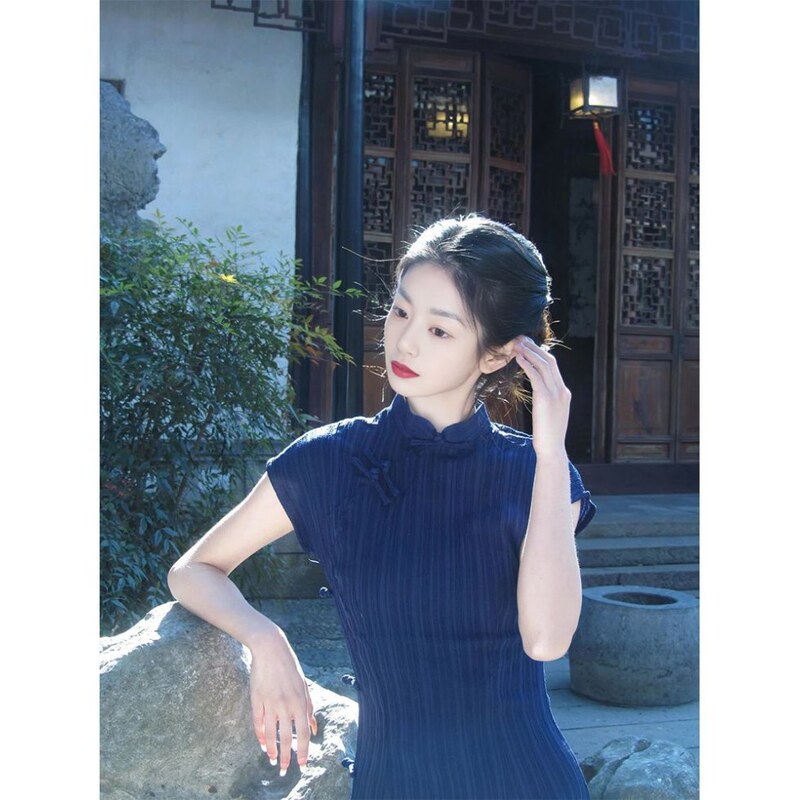 New Chinese Style Beautiful navy blue Improved Cheongsam Female Summer 2025 Retro Republic of China Girl Sense Jiangnan Style dress Tide